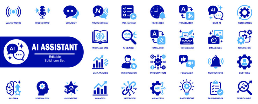 Ai assistant solid icon set. Featuring natural language processing chatbot translation data analysis and voice command. Vector Illustrator.