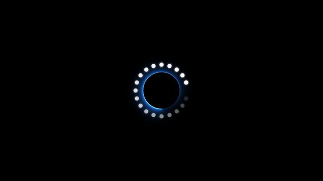 A dark abstract background featuring a glowing blue and white circular loading animation with small white dots orbiting a central dark circle against a deep black void, suggesting progress or waiting