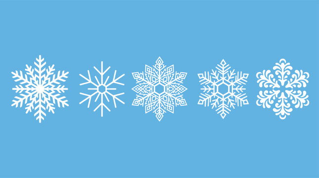 A collection of five unique white snowflake with intricate geometric patterns on a solid light blue background
