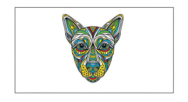 Vibrant Dog Face Portrait with Intricate Geometric Patterns and Colorful Mandala Design