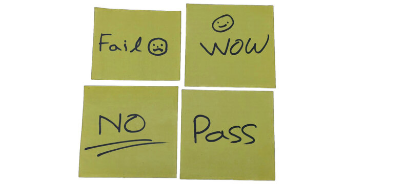 Four yellow sticky notes isolated on transparent background with pass fail wow and no