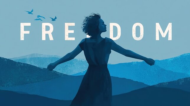 Minimal two-dimensional blue tone stylized illustration, back view curly short hair figure with outstretched arms layered blue hills water scenery, freedom uppercase text sky