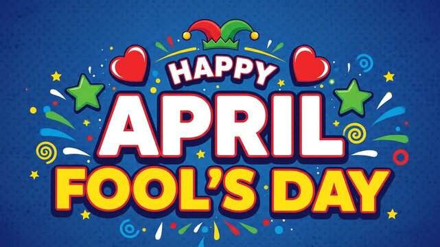 Happy April Fool's Day colorful greeting with jester hat and stars. Vibrant holiday typography animation on blue background.