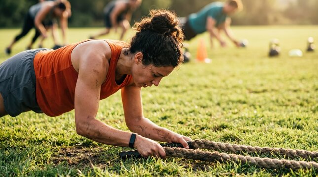 Fit young woman doing plank exercise with battle ropes during outdoor group fitness class training session