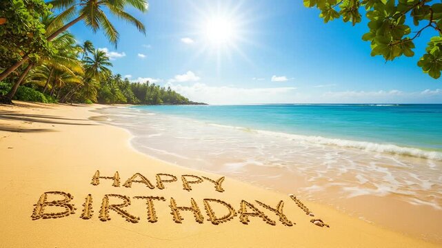 Happy Birthday message written in sand on a sunny tropical beach. Waves wash shore under palm trees and bright sun.