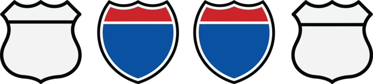 Four american highway shield road signs with two blank white versions and two red and blue color versions