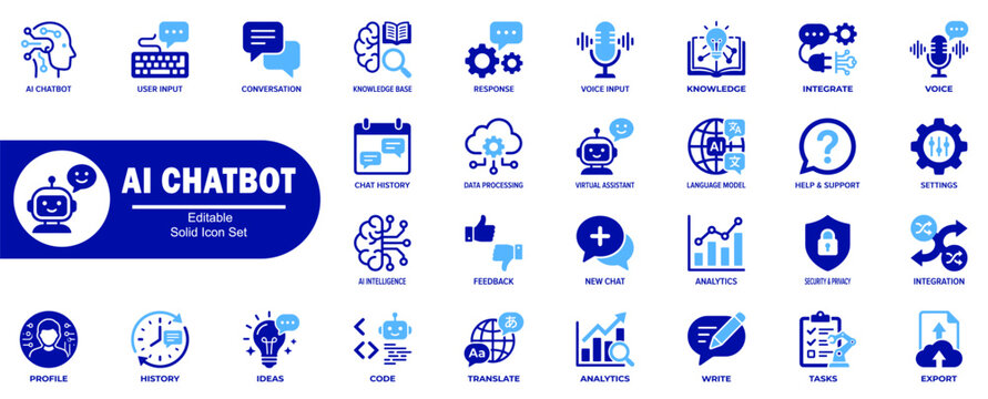 Ai chatbot solid icon set. Conversation flow, language model data processing analytics, and virtual assistant tools. Vector Illustrator.