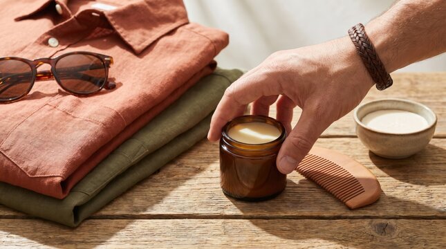 Young man applying natural hair pomade from amber glass jar for daily grooming routine on wooden table