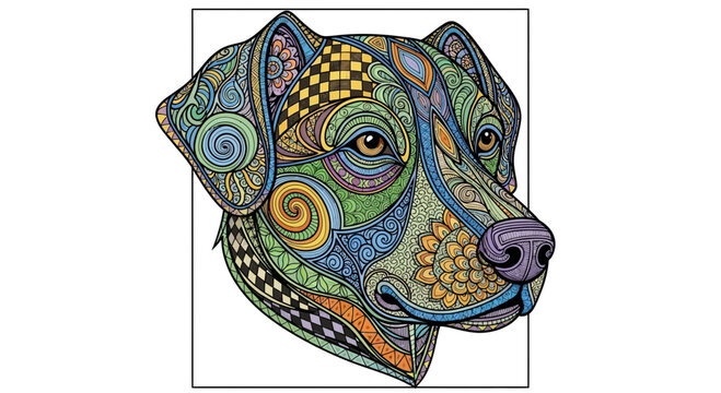 Intricate Zentangle Dog Portrait: Artistic, Colorful, and Detailed Canine Illustration
