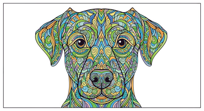Intricate Zentangle Dog Portrait, Colorful Abstract Patterns, Pet Art