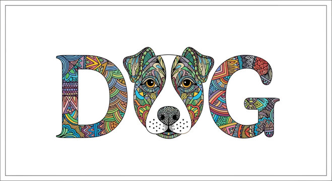 Dog Word Art: Jack Russell Terrier Face Integrated into "DOG" Text with Zentangle Patterns
