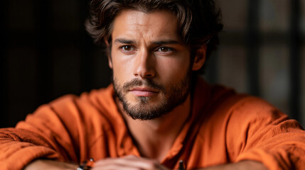 Fototapeta premium Young man gazing forward in moody indoor portrait studio setting