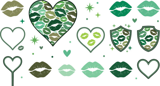 Lip Print and Heart Illustration Collection with Camouflage Kiss Marks, Romantic Love Symbols, Decorative Shields, and Valentine Design Elements