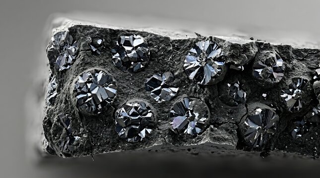 A closeup view of a raw diamond mineral specimen with numerous sparkling gemstones