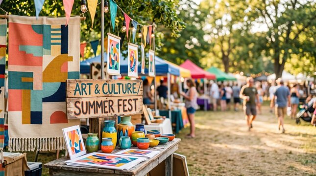 Art and Culture Summer Festival Craft Stall with Handmade Pottery and Textiles for Outdoor Market Event Promotion
