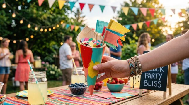 Hand Holding Colorful Confetti Cone at Outdoor Summer Block Party Celebration with Friends and Refreshments