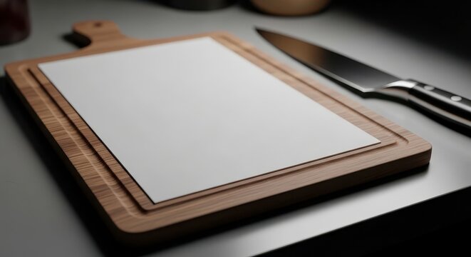 Wooden cutting board with knife.