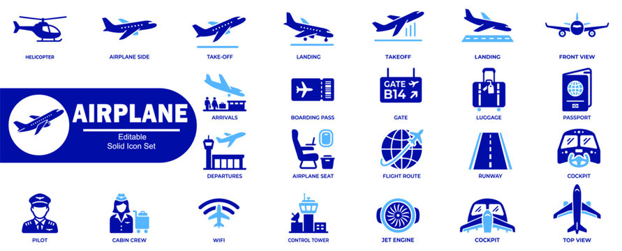 Airplane editable solid icon set. Modern aircraft and travel icons, flight, departure, and arrival concepts. Vector Illustrator.
