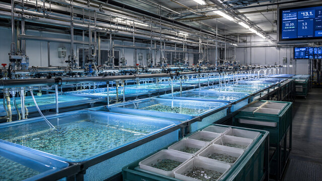 Fish hatchery with tanks filled with water and fish fry in a large indoor facility showing equipment and monitoring screens for water quality