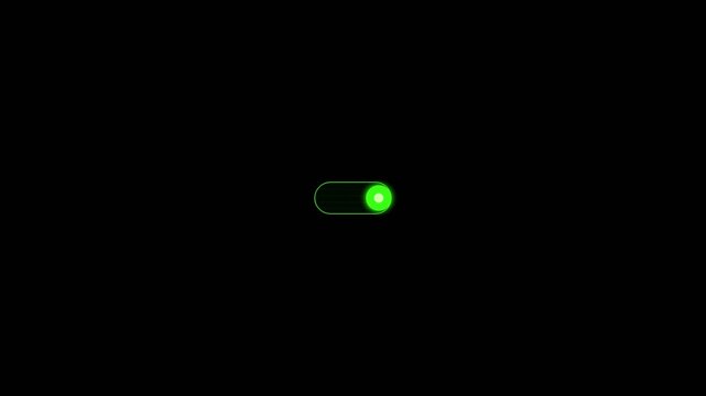 A glowing green toggle switch button set to the active position on a black background.