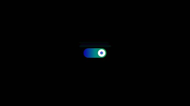 A digital toggle switch button with a blue to green gradient on a black background.