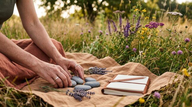 Mindful woman arranging smooth stones and lavender in a meadow for grounding therapy and meditation practice