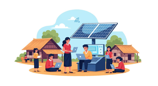 Flat vector illustration of a rural village community using laptop computers powered by a large solar panel and central computer station with Wi-Fi symbol near traditional houses.