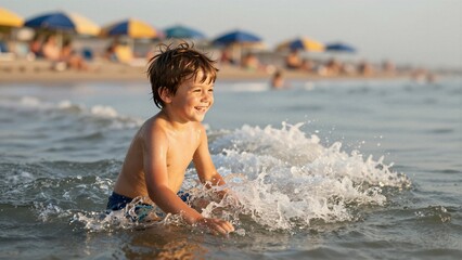 Fototapeta premium A joyful young boy splashes in the ocean waves on a sunny beach day with colorful umbrellas in soft focus.