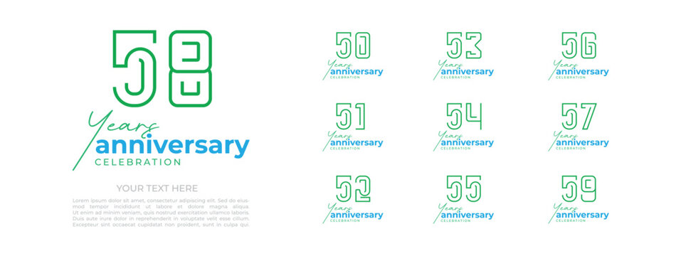 Luxury 50th to 59th anivversary logo design vector for corporate and personal wedding brithday and other program on white backgound 