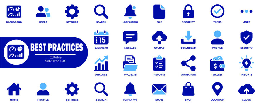 Best practices icons set for business analysis dashboard, security settings, search notifications, calendar, and file management vector illustrators.