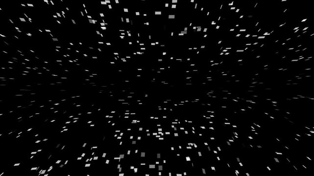 A dynamic abstract composition of numerous small white and grey squares and rectangles receding into a deep black void, creating a sense of rapid motion or a starfield effect with perspective