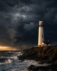 Obraz premium Dramatic lighthouse on a rocky coast under a stormy sky with crashing waves