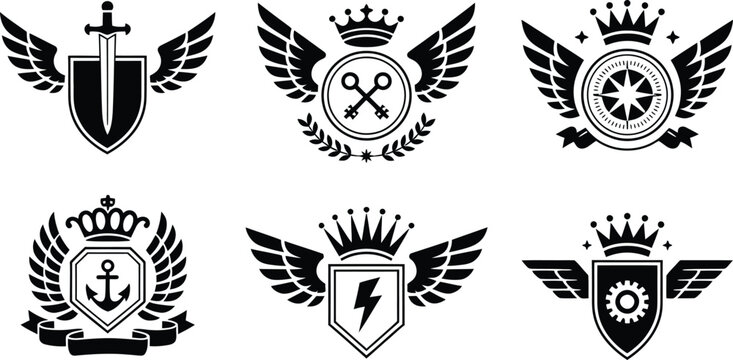 Royal winged shield and crown heraldry crest icons