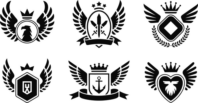 Royal winged shield and crown heraldry crest icons