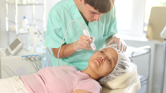  Young male cosmetologist performs hardware facial microcurrent procedure to young female patient