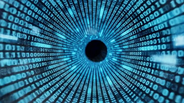 A close-up image of a human eye with blue iris and digital glitch effect