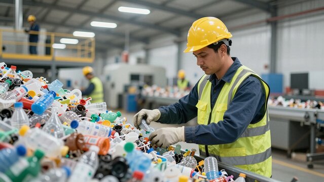 A worker in a yellow hard hat and safety vest sorts plastic bottles at a recycling center with other workers in the background.