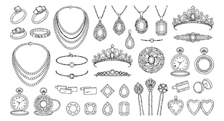 Elegant jewelry collection, hand-drawn luxury accessories, vintage fashion adornments, precious gemstone vector set for design projects © Asma