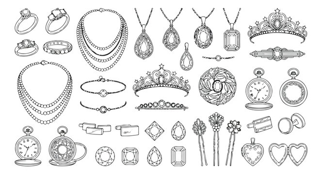 Elegant jewelry collection, hand-drawn luxury accessories, vintage fashion adornments, precious gemstone vector set for design projects