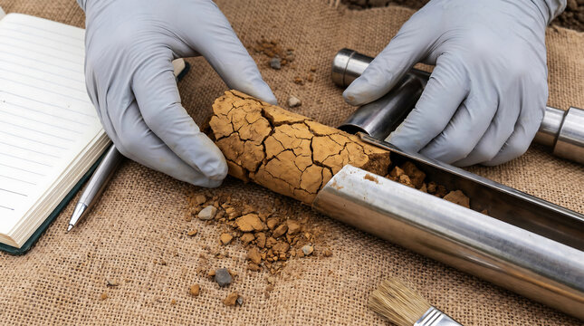 Geological field analyst testing dense dirt cylinder core sample