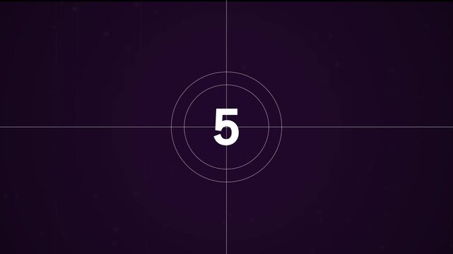 A vintage countdown leader with a deep purple background, a central white circle containing the number eight, and a diagonal line marking the frame, reminiscent of old cinema introductions