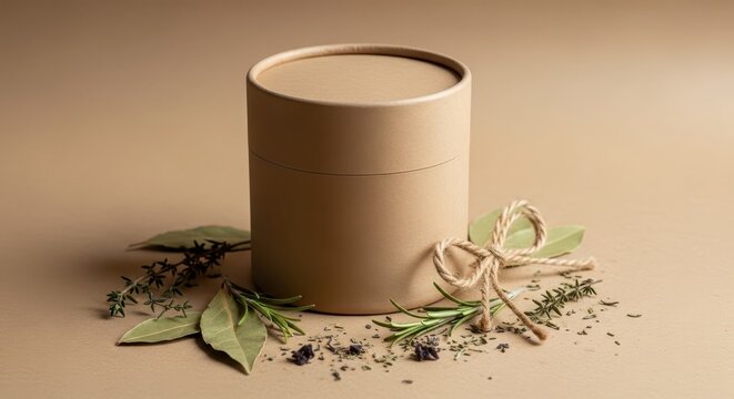 Brown paper cylinder with green leaves.
