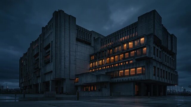 Moody twilight scene of a colossal brutalist concrete building with dramatic lighting and urban atmosphere