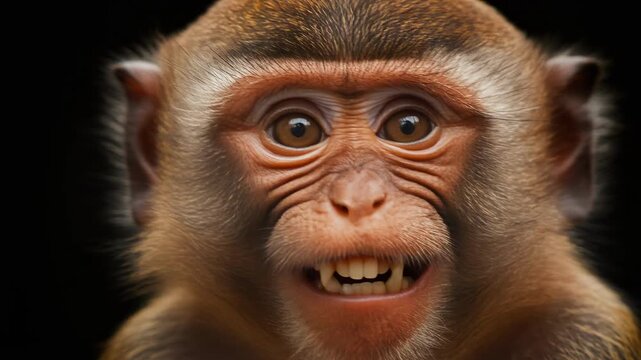 Curious monkey grinning with sparkling eyes and detailed fur against dark background wildlife close up