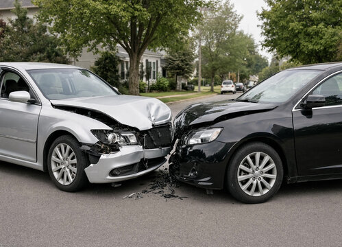 Two damaged cars collide on a suburban street after an accident