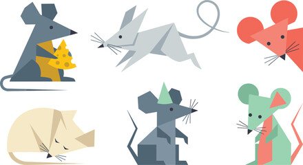 Fototapeta premium Geometric Mouse Character Illustration Collection with Origami Style Rodents, Abstract Animal Shapes, Modern Polygon Design, and Cute Pet Elements