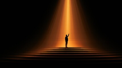 Fototapeta premium A figure stands alone in a dark space, sending a vital message upward through barriers, illuminated by a strong amber light above.