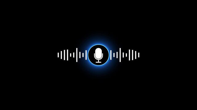White microphone with a blue neon glow surrounded by a sound wave equalizer bar on a black background representing audio recording voice command or communication technology