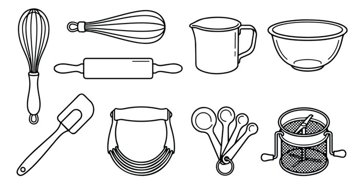 Essential baking tools vector set, kitchen utensils collection, cooking equipment, pastry making accessories, culinary preparation graphic resources