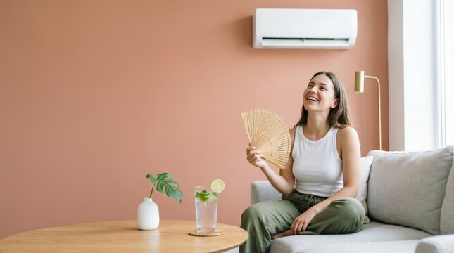 Young woman cooling herself with hand fan in air conditioned living room during summer heatwave